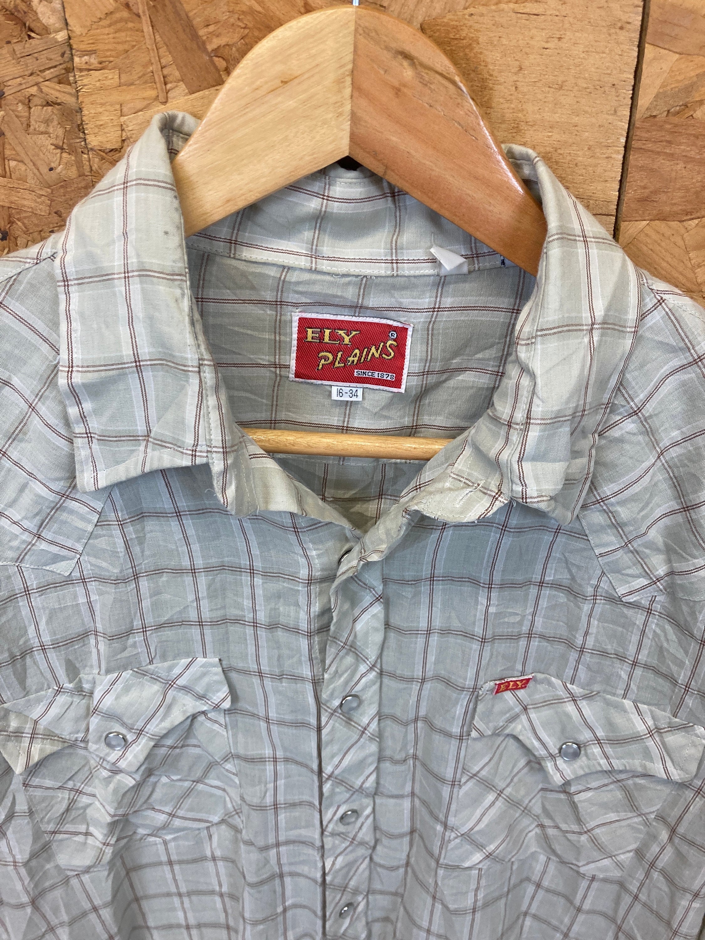 Vintage Ely Cattlemen Western Cowboy Dress Shirt beige twin pocket size 16/34 medium