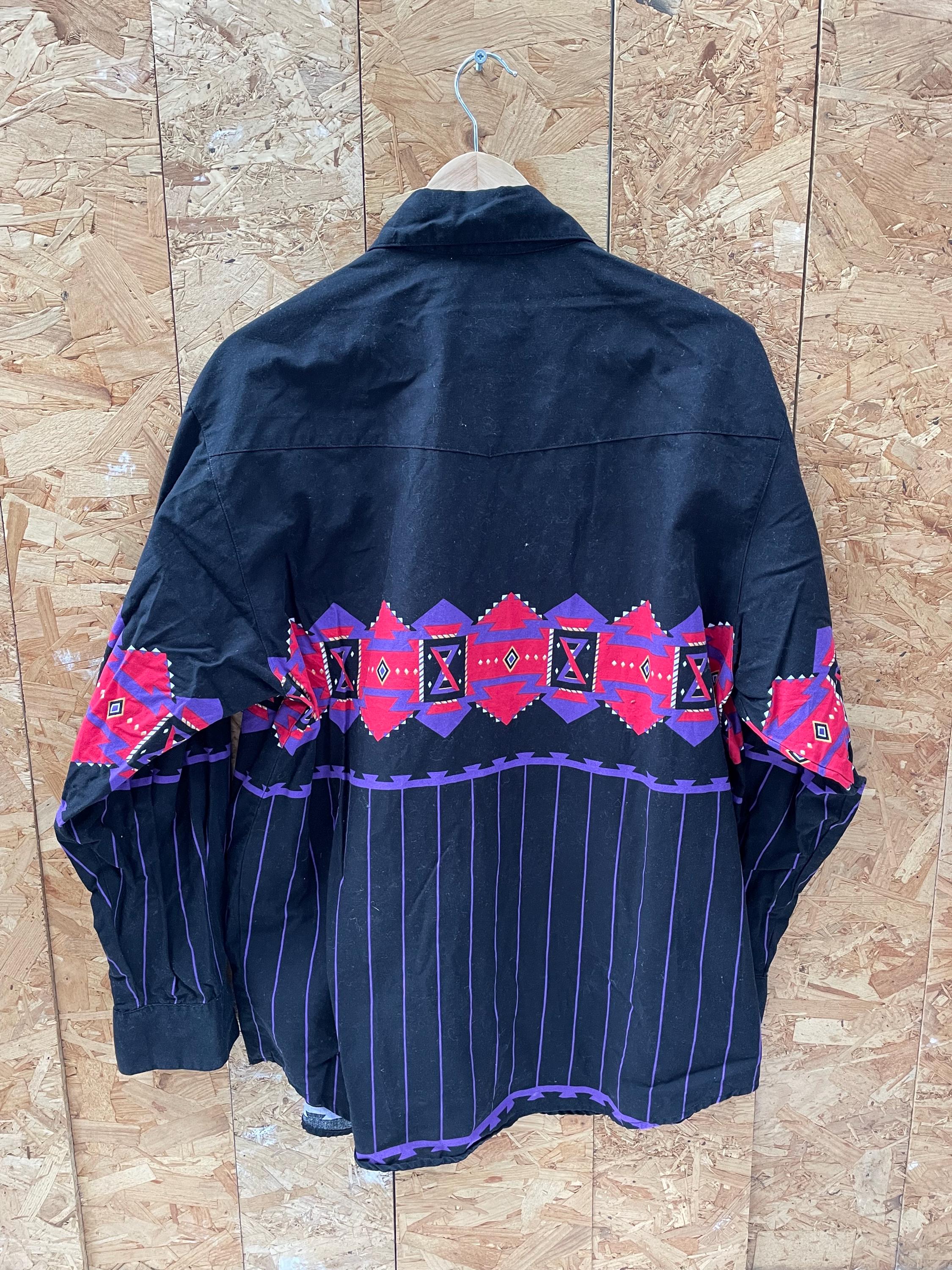 Vintage 90s black cotton western shirt with purple Aztec Navajo chest band pattern size large by Fro