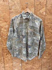 Vintage 90s ugly abstract shapes grungy green scrapbook pattern long sleeve shirt size small