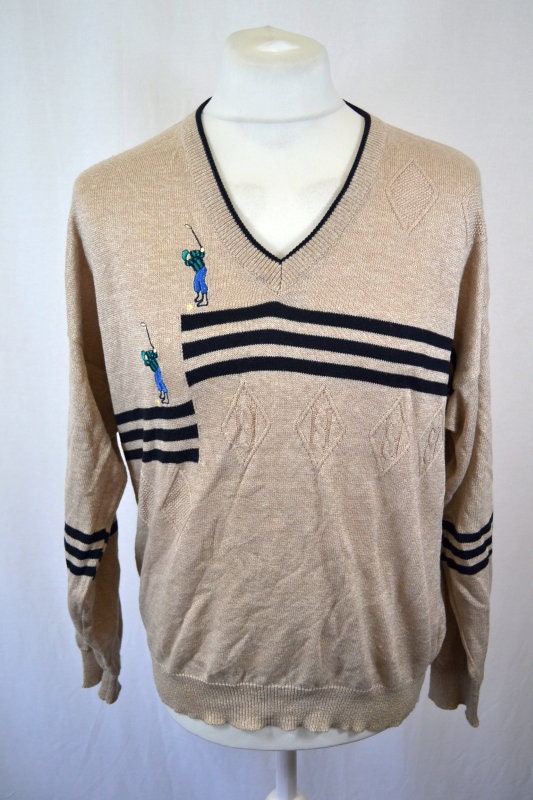 Vintage 90s beige black striped golf player embroidery knitted v-neck pullover jumper size 48 XL