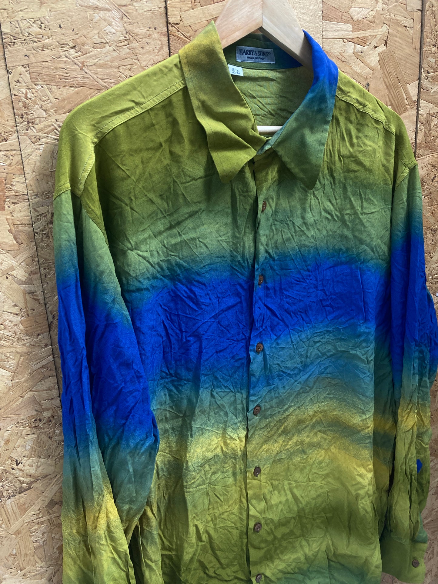 Vintage 90s blue green faded ombre bold pattern long sleeve shirt size XL