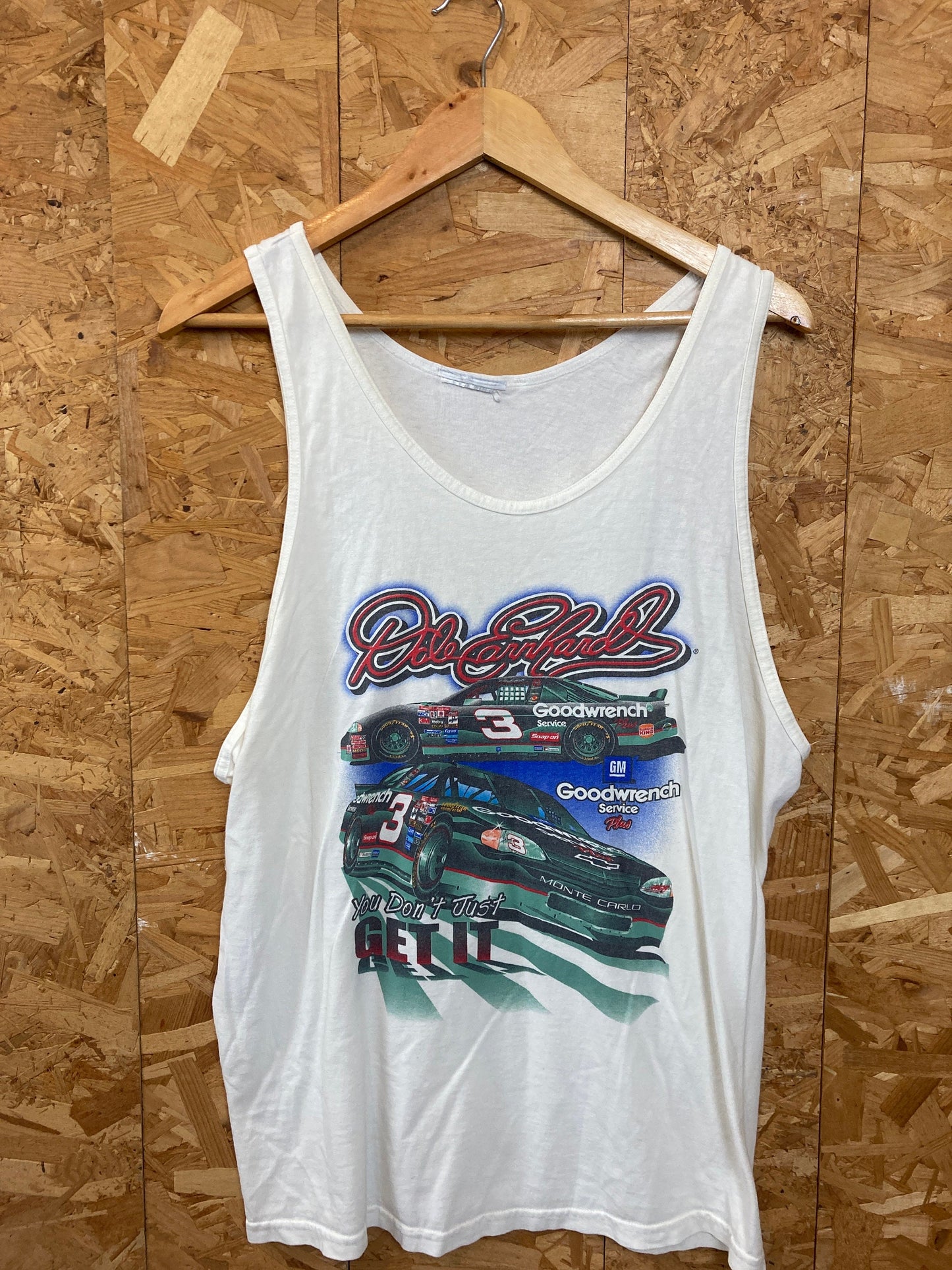 Vintage 90s white NASCAR Dale Earnhardt Chevy Goodwrench gymnasium vest muscle souvenir t-shirt size