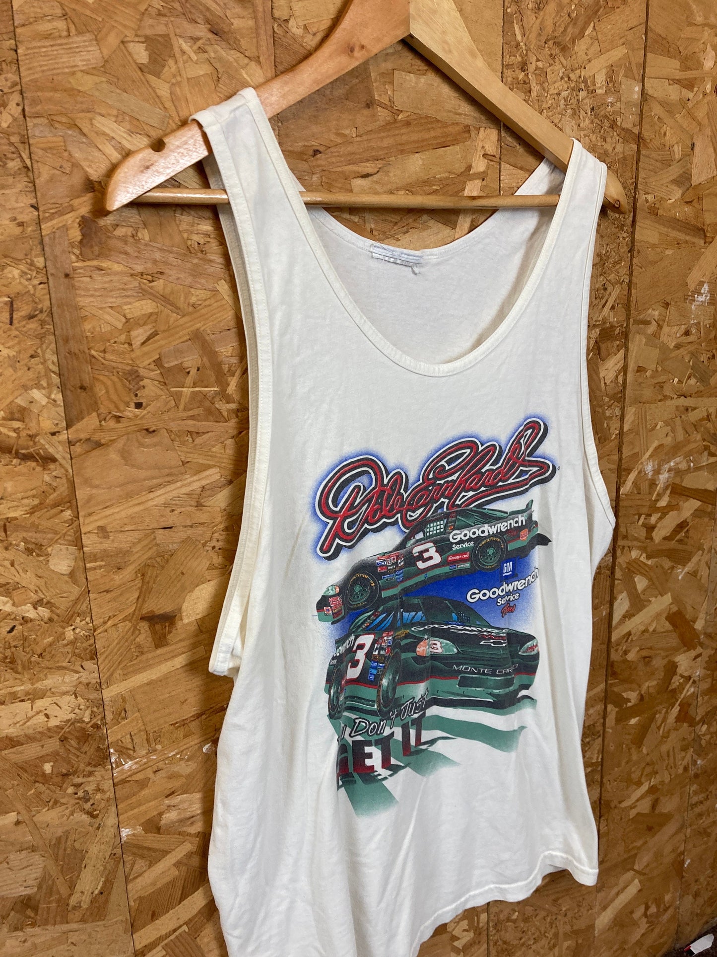 Vintage 90s white NASCAR Dale Earnhardt Chevy Goodwrench gymnasium vest muscle souvenir t-shirt size