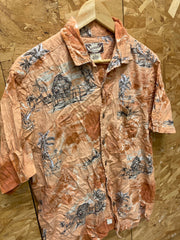 Vintage 80s orange beige hibiscus floral palm Hawaiian party beach rayon shirt size L by Calypso Joe