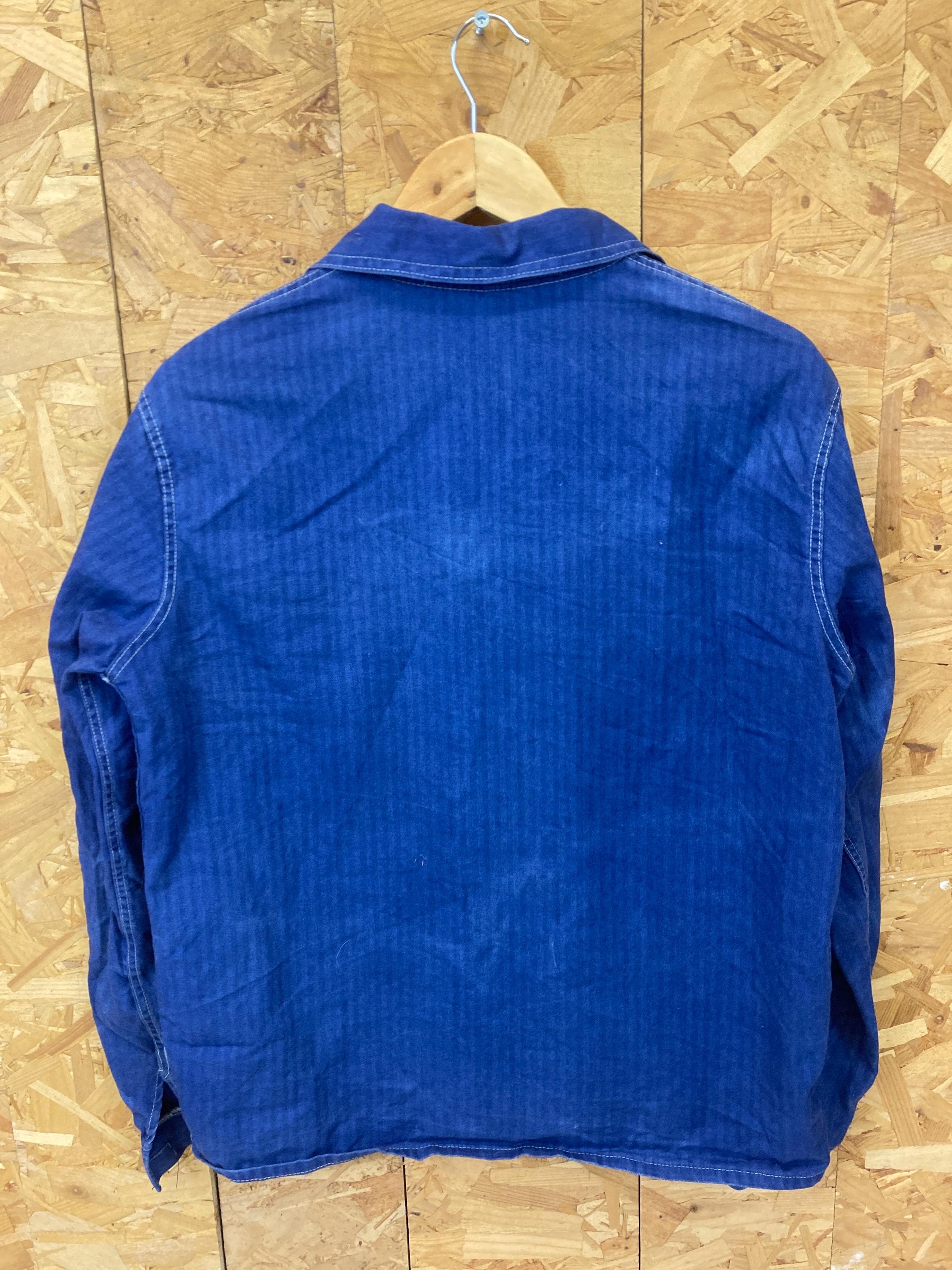 Vintage 70s mens french worker prisoner chore blue distressed cotton herringbone sanforized button u