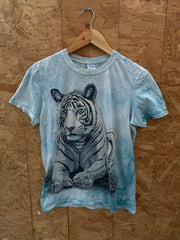 Vintage Y2K blue tie-dye white realistic tiger animal print t-shirt size small