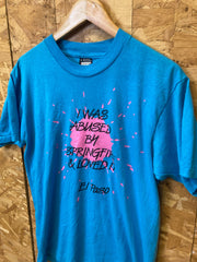 Vintage 90s turquoise blue Docs BBQ El Paso Texas ‘I was abused by springfire’ quirky souvenir singl