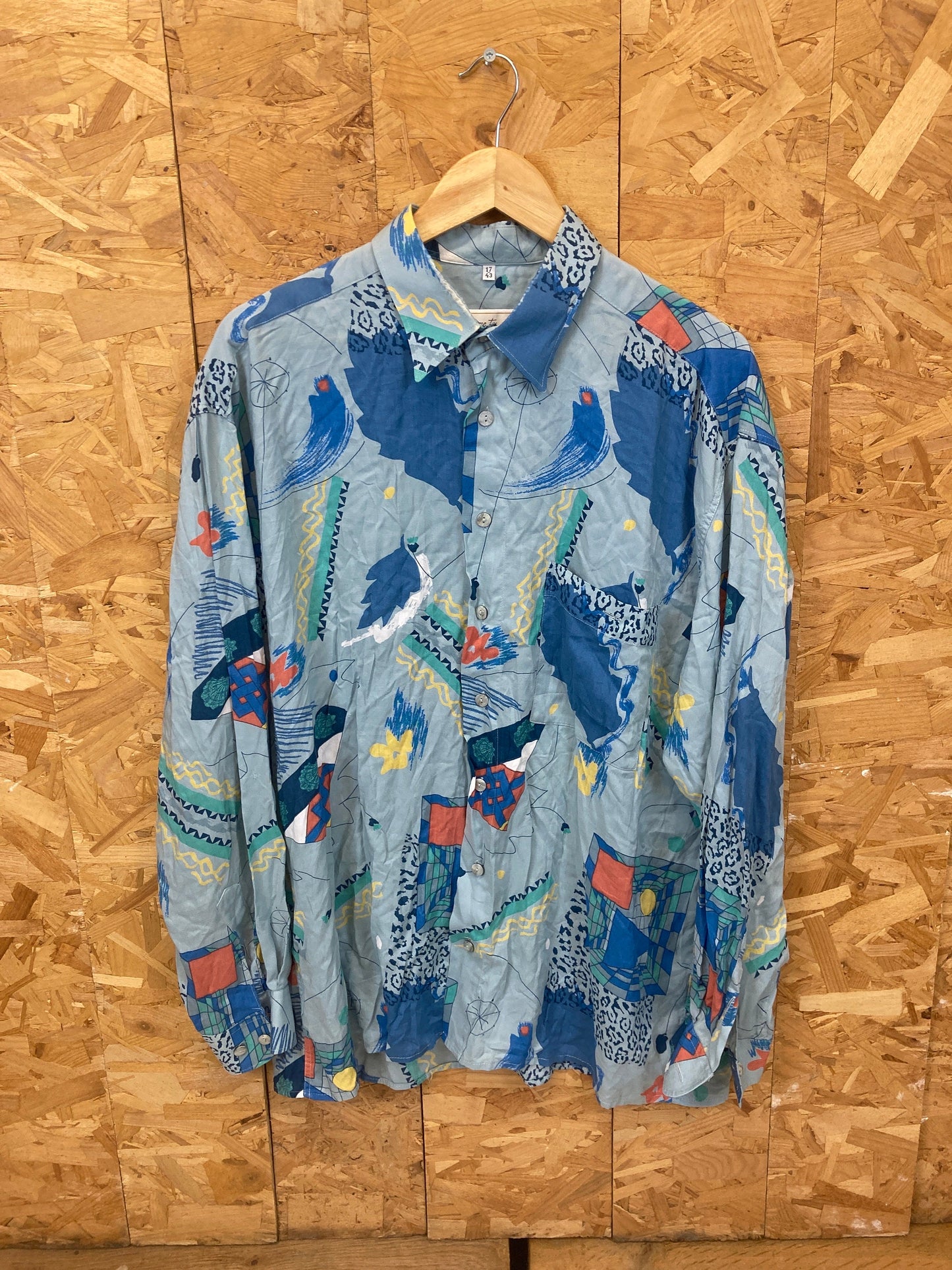 Vintage 90s pastel blue nautical themed crazy abstract pattern rayon long sleeve ugly party shirt si