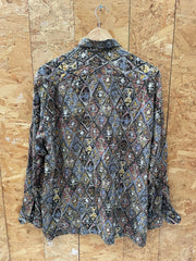 Vintage 90s grey brown yellow abstract Aztec pattern long sleeve viscose shirt size large by Tela Mo