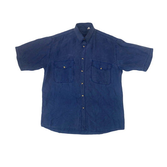 Vintage 90s navy muted navy blue 100% pure silk satin oversized short sleeve shirt size medium