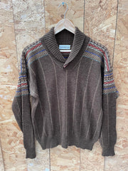 Vintage 90s brown striped grandad roll v-neck acrylic pattern slouchy jumper pullover size 50 medium