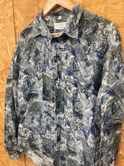 Vintage 90s ugly abstract scrapbook pattern 100% silk green navy grey long sleeve party ugly shirt s