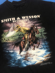 Vintage 1992 Smith & Wesson Revolvers USA 3d emblem cowboy rancher horses nature scene print black s