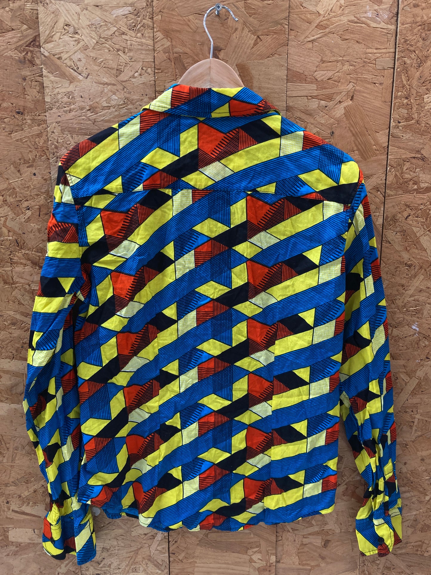 Vintage Y2K blue yellow abstract cubic escher pattern long sleeve shirt small