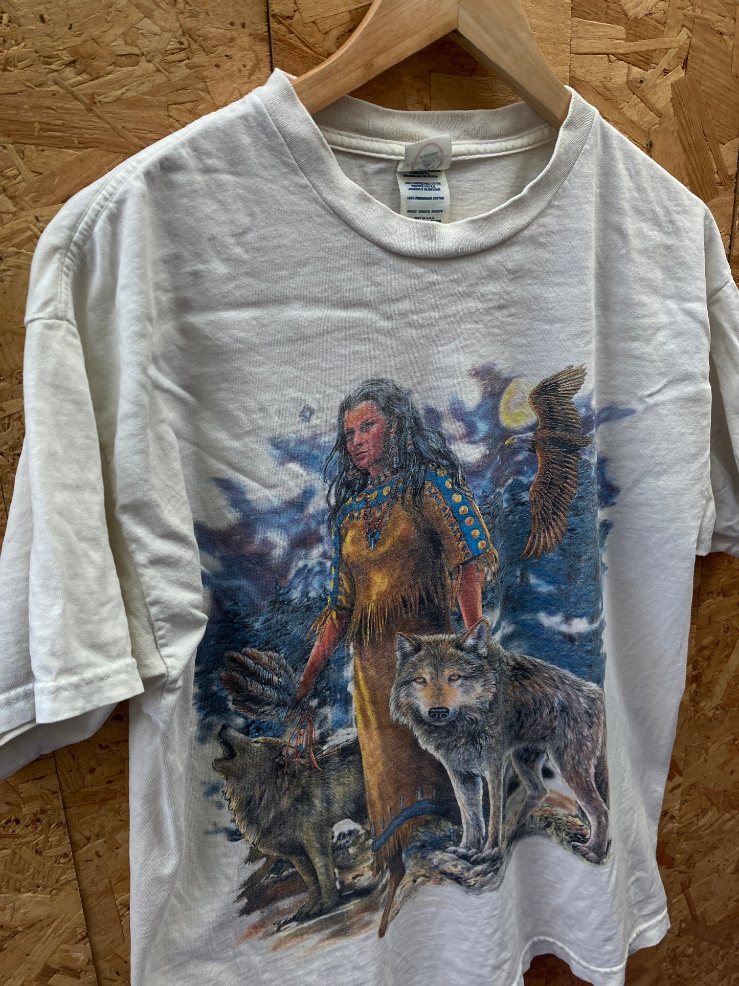 Vintage 90s Native girl and wolf souvenir off white t-shirt size large by Delta