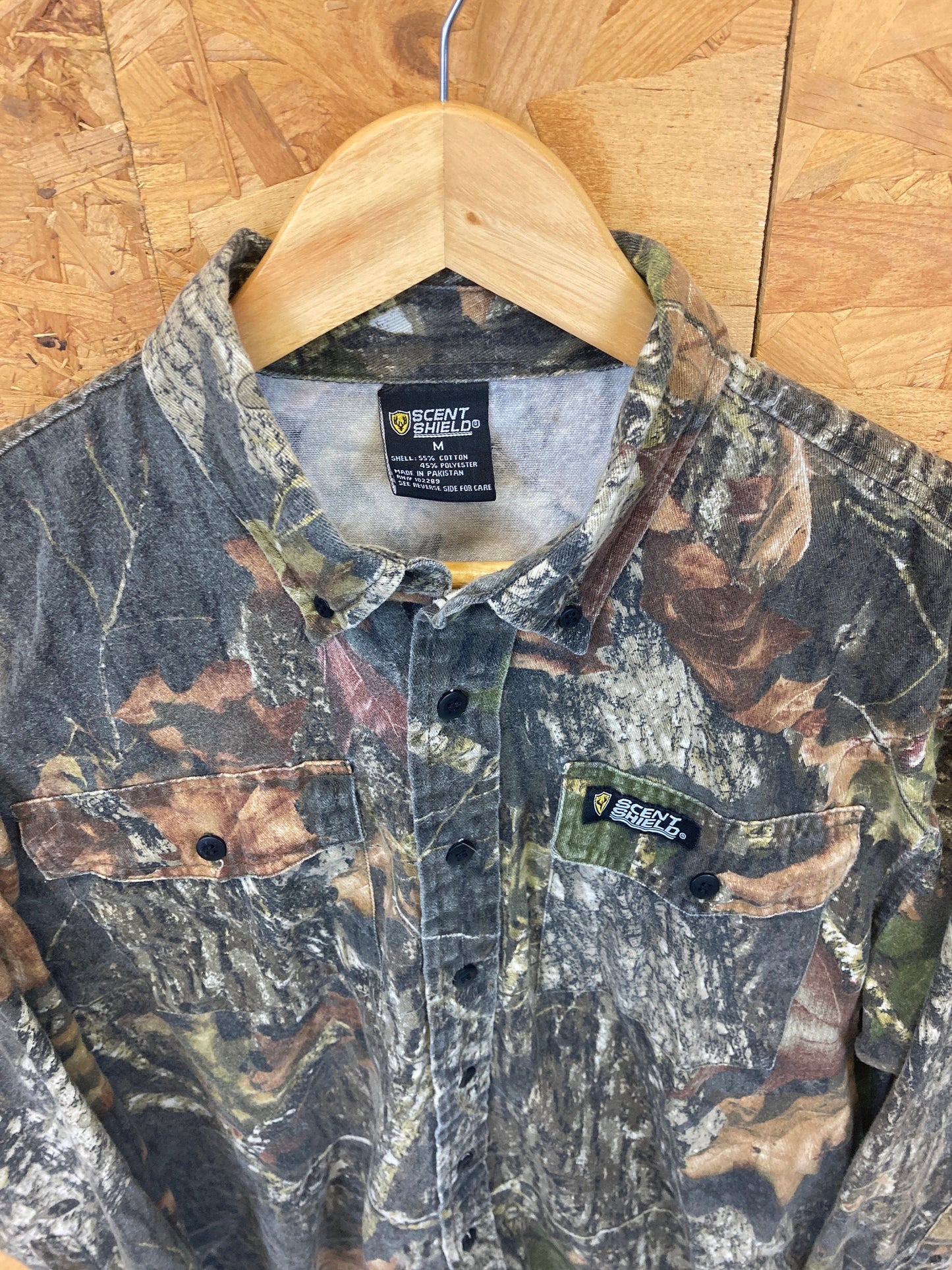 Vintage Y2K Scent Shield Realtree Mossy Oak style realistic camo beige green brown hunting shirt siz