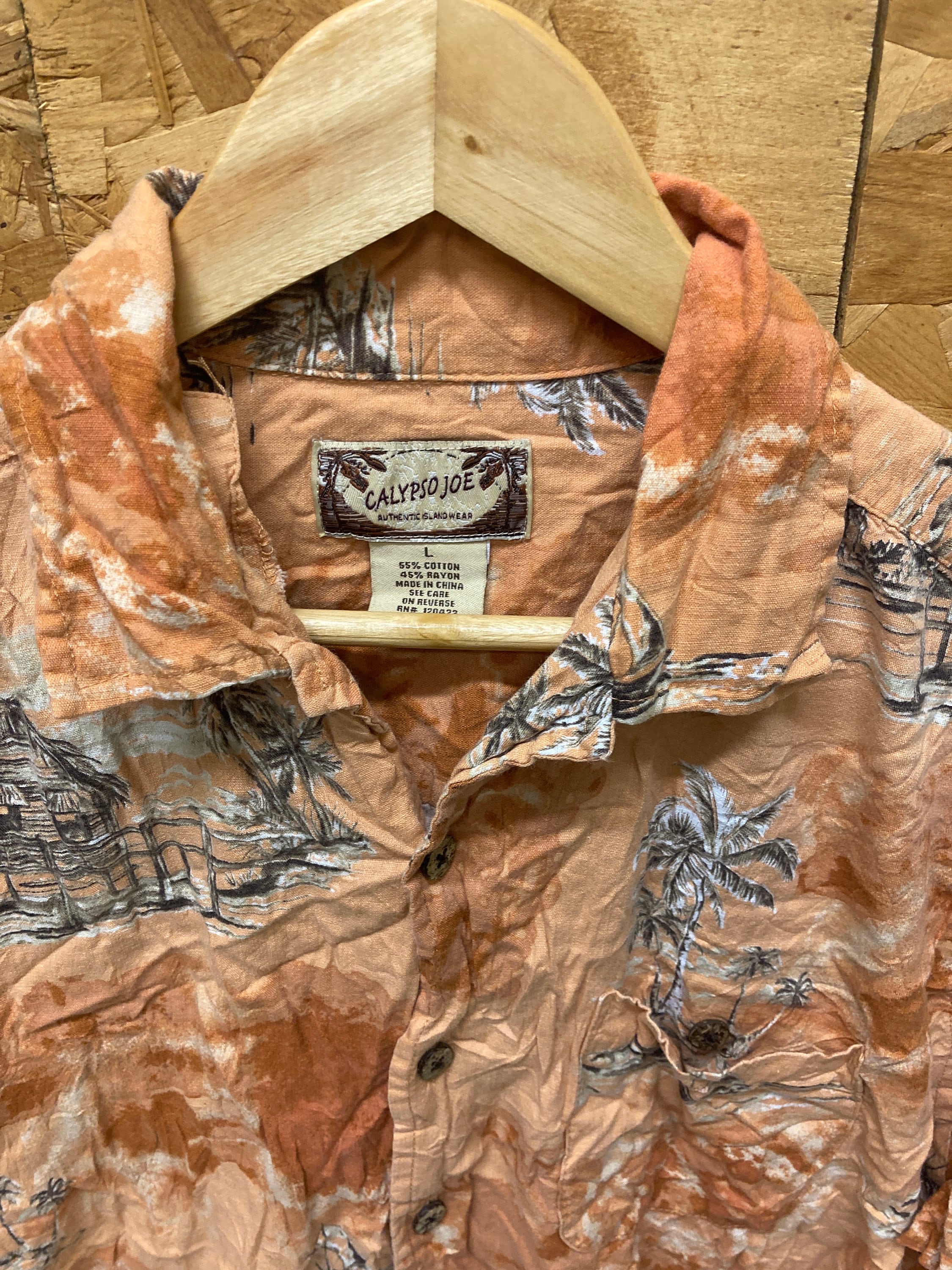 Vintage 80s orange beige hibiscus floral palm Hawaiian party beach rayon shirt size L by Calypso Joe