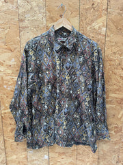 Vintage 90s grey brown yellow abstract Aztec pattern long sleeve viscose shirt size large by Tela Mo