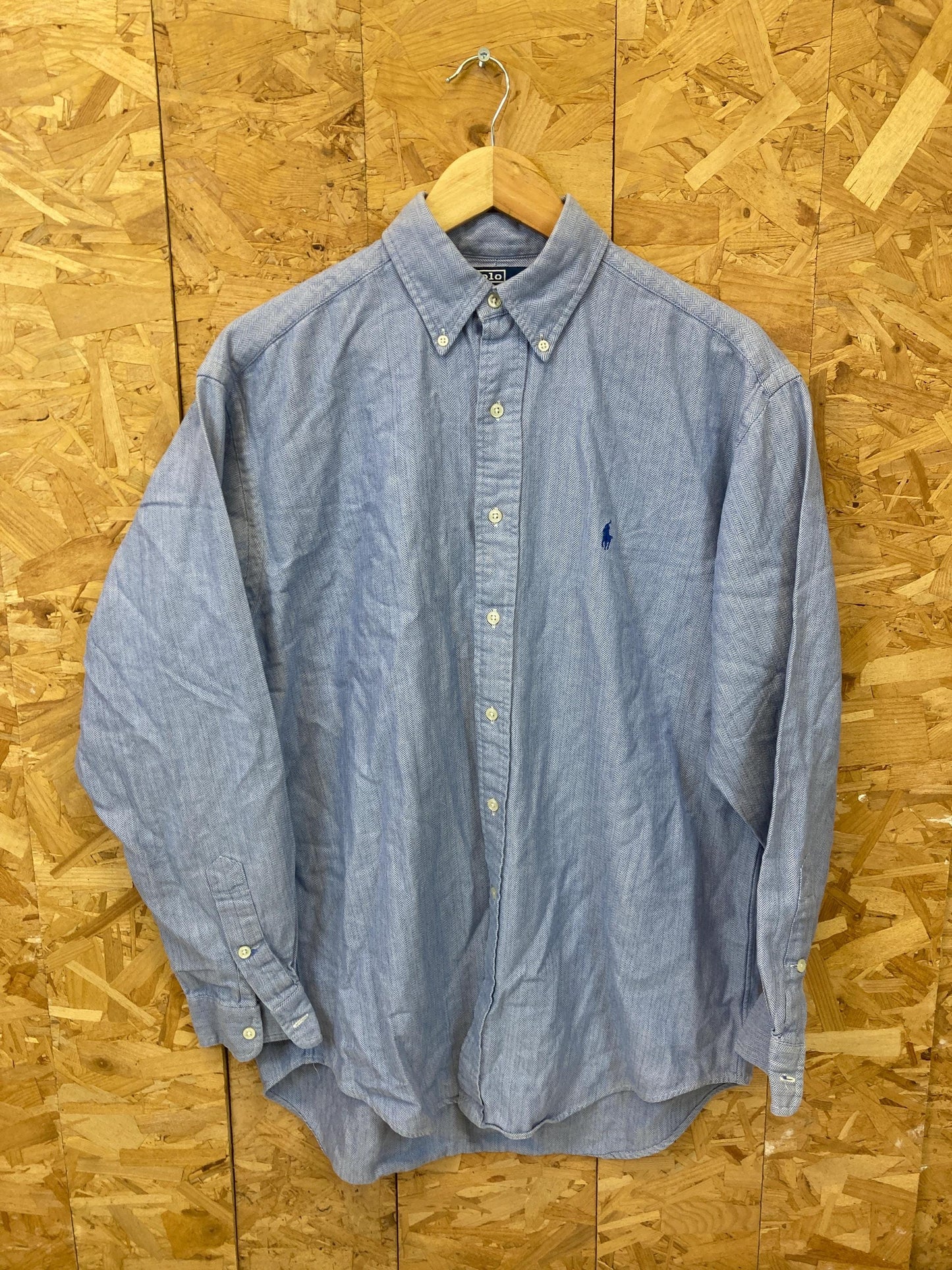 Vintage Y2K Polo Ralph Lauren light blue herringbone Blake cotton shirt size medium oversized fit