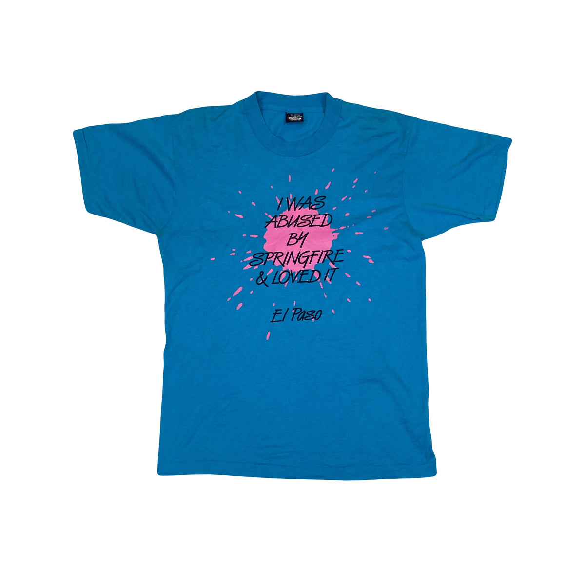 Vintage 90s turquoise blue Docs BBQ El Paso Texas ‘I was abused by springfire’ quirky souvenir singl