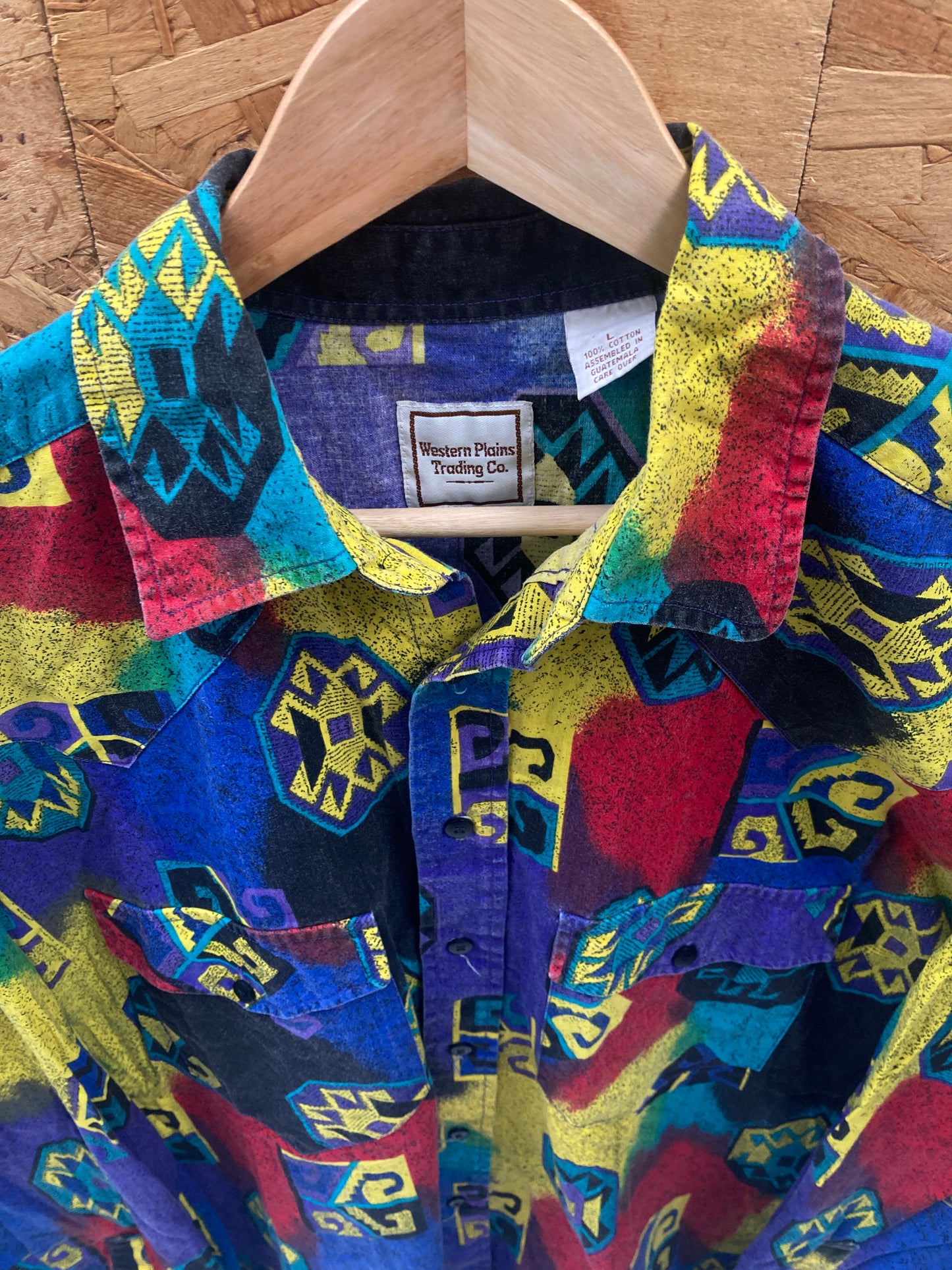 Vintage 90s blue red yellow abstract pattern western cowboy crazy shirt size L