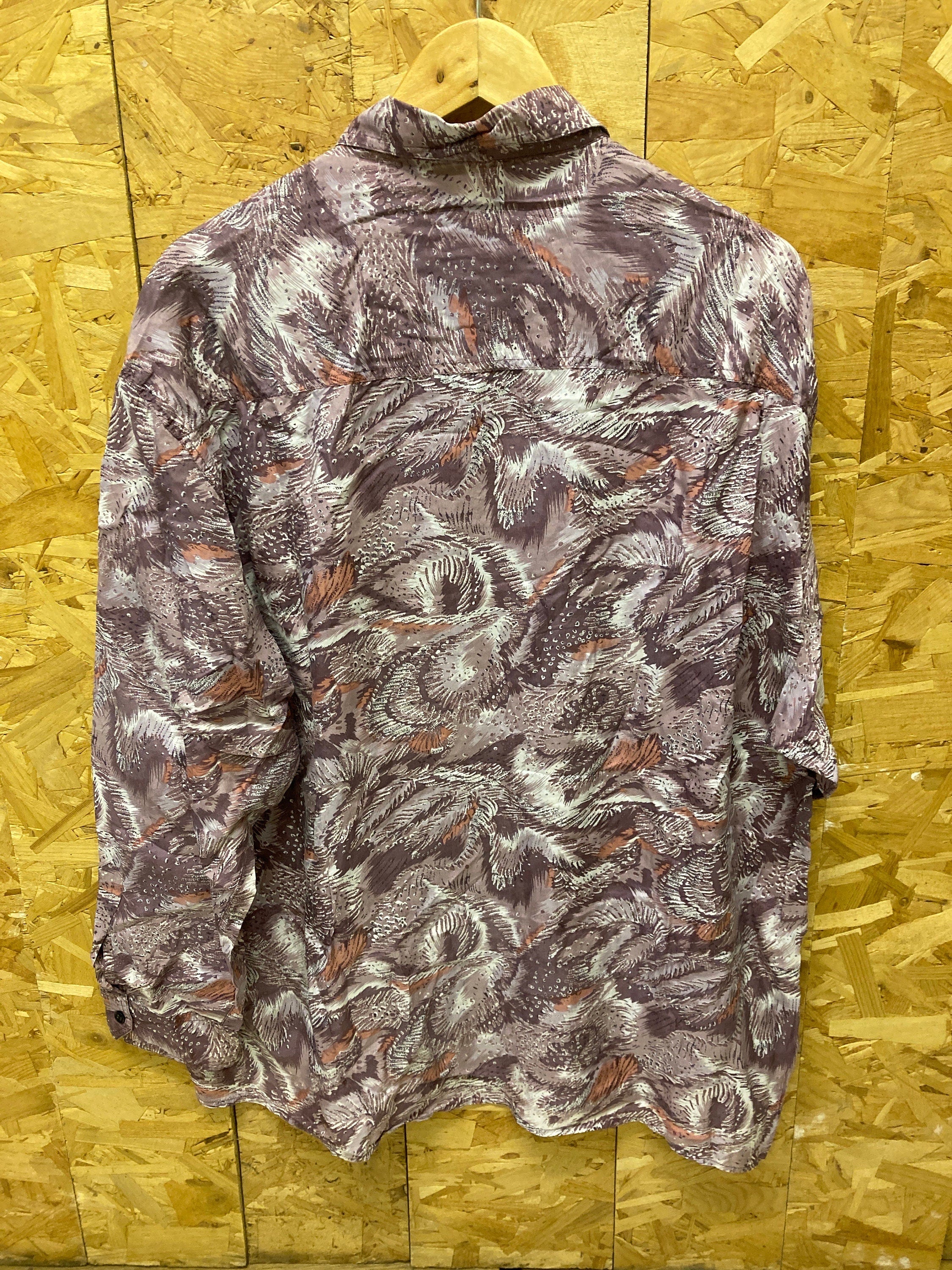 Vintage 80s floral leaves abstract pattern grey purple 100% silk long sleeve ugly party shirt size l