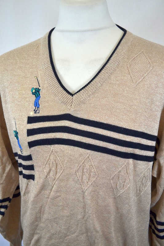 Vintage 90s beige black striped golf player embroidery knitted v-neck pullover jumper size 48 XL