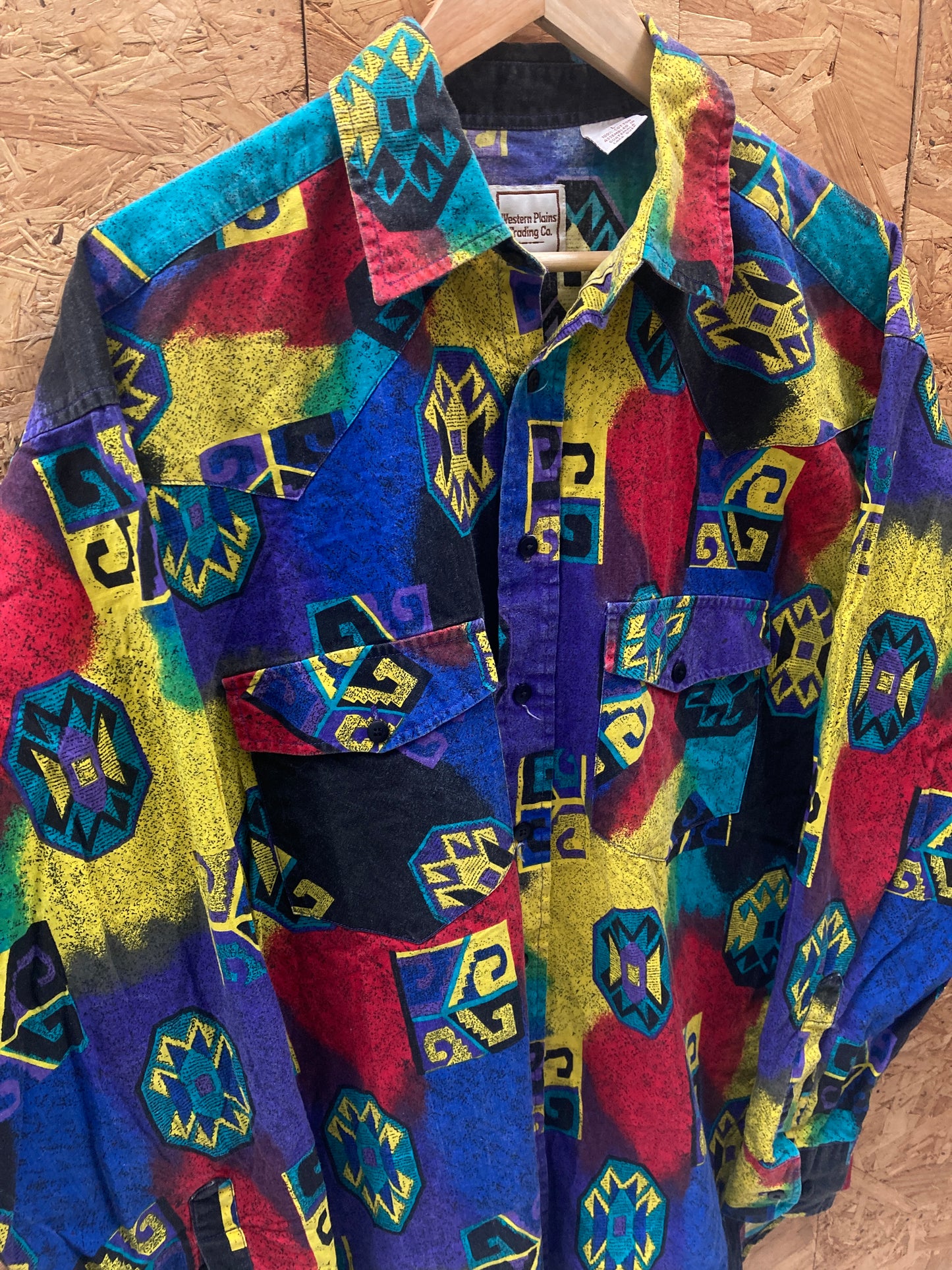 Vintage 90s blue red yellow abstract pattern western cowboy crazy shirt size L