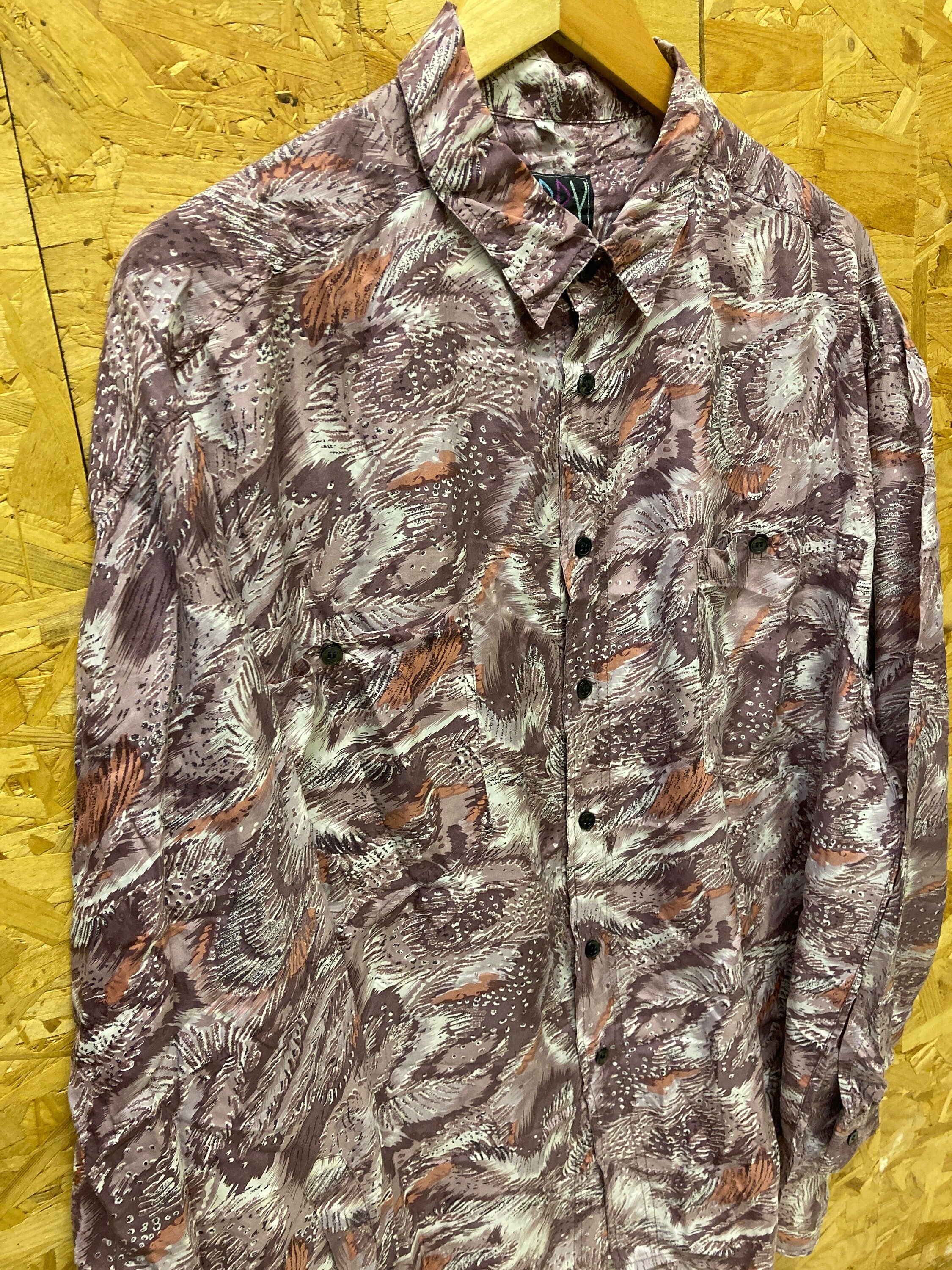 Vintage 80s floral leaves abstract pattern grey purple 100% silk long sleeve ugly party shirt size l