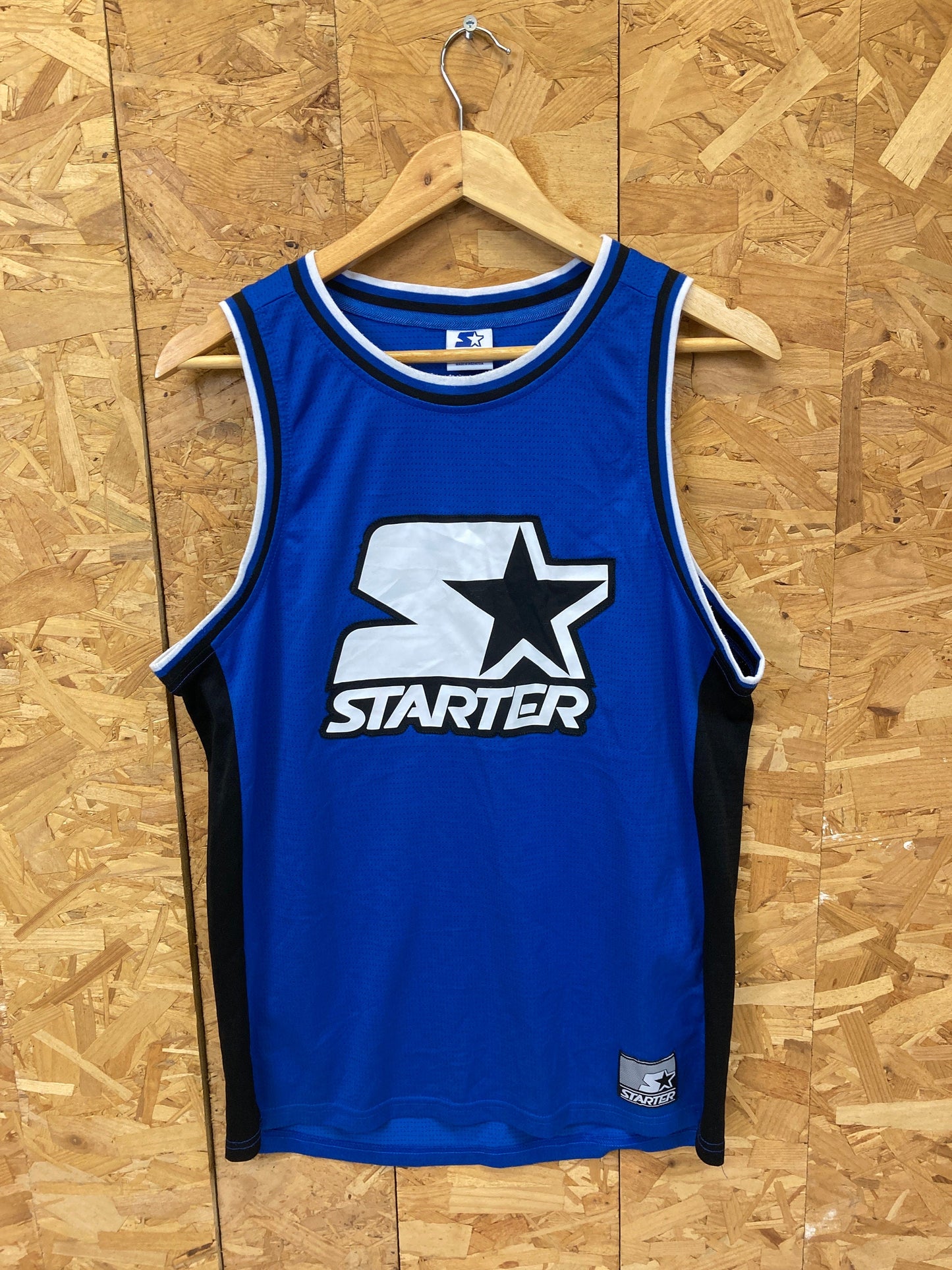 Vintage Y2K Starter USA blue black spell out logo 99 basketball mesh vest t-shirt size medium