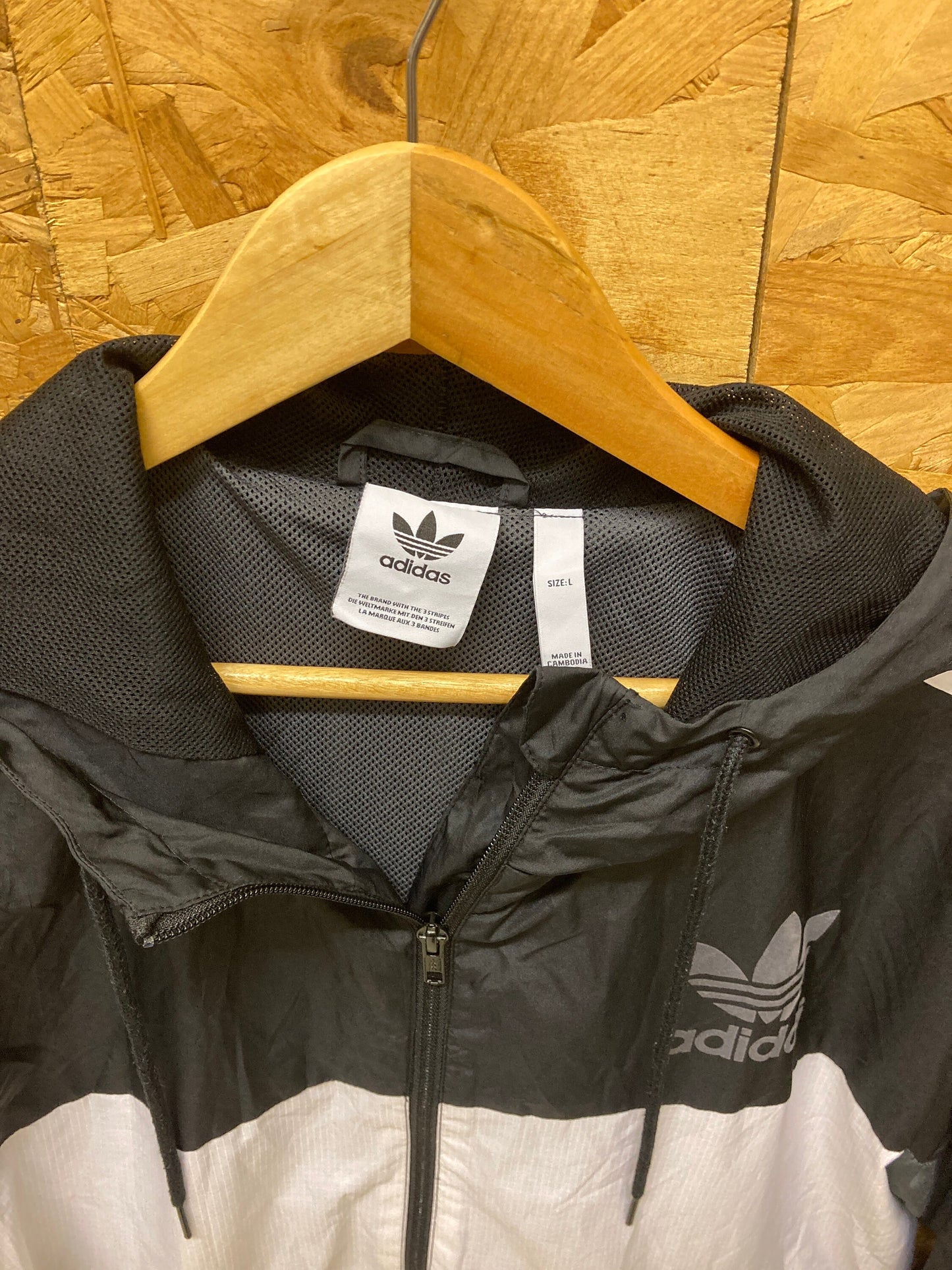 Vintage Y2K Adidas black grey white with 3 stripes windbreaker waterproof mesh inner hooded jacket s