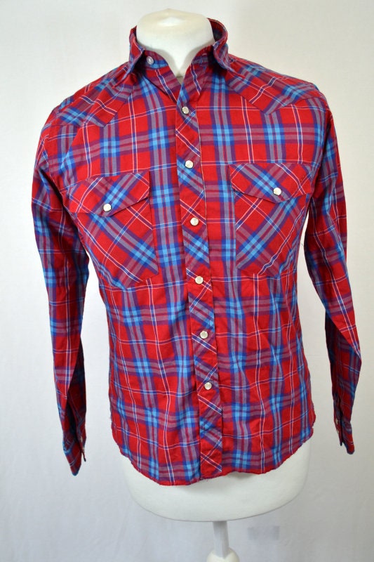 Vintage 90s Wrangler red blue check western cowboy shirt size youth XL fits as XS