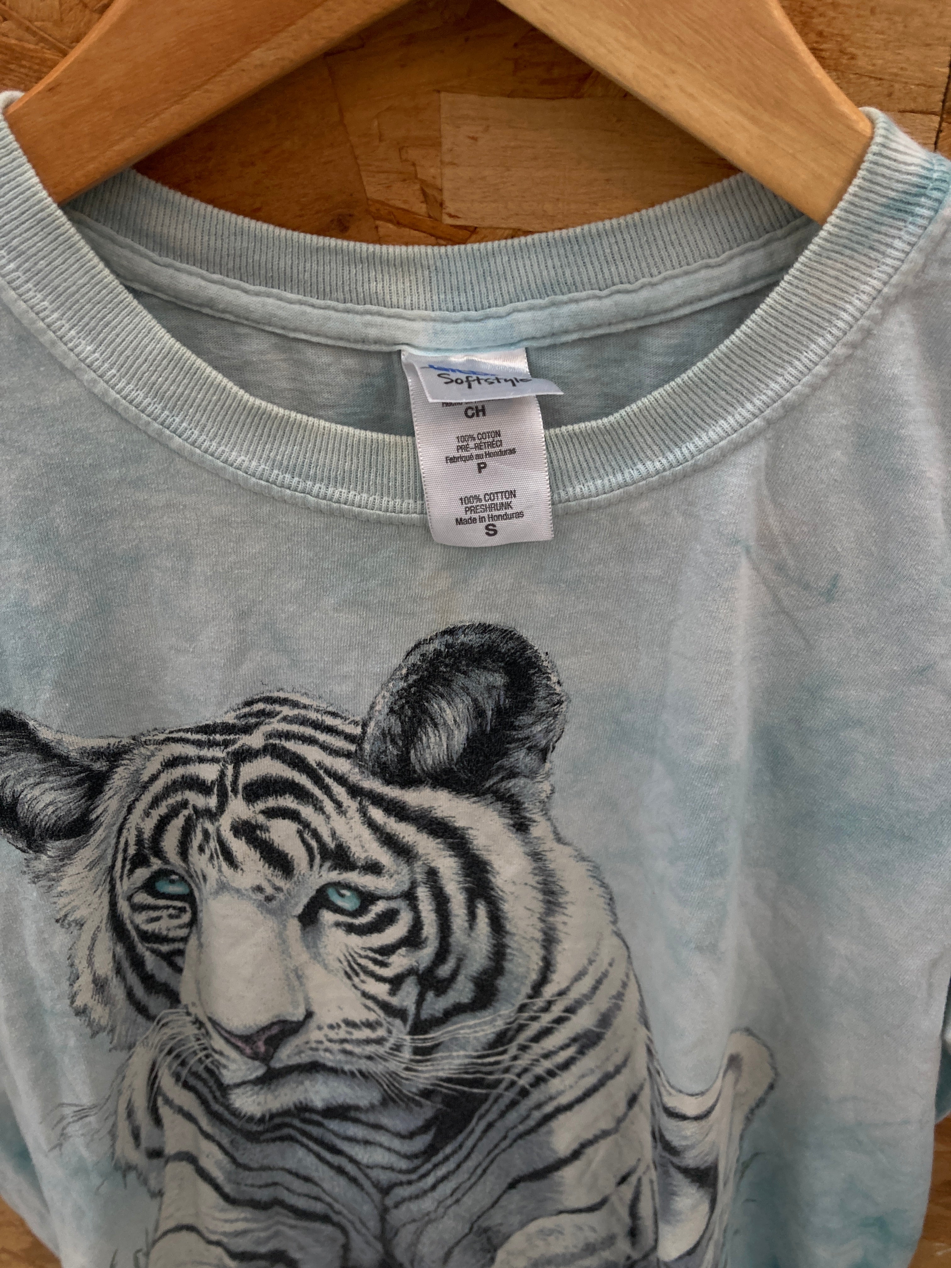 Vintage Y2K blue tie-dye white realistic tiger animal print t-shirt size small