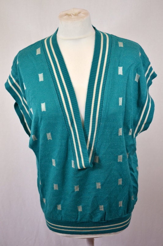 Vintage 80s ladies turquoise & white tank top jumper plunging v-neck size large