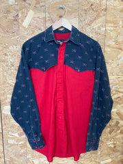 Vintage 80s USA block panel western cowboy shirt red black aztec pattern size medium by Steer West
