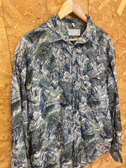 Vintage 90s ugly abstract scrapbook pattern 100% silk green navy grey long sleeve party ugly shirt s