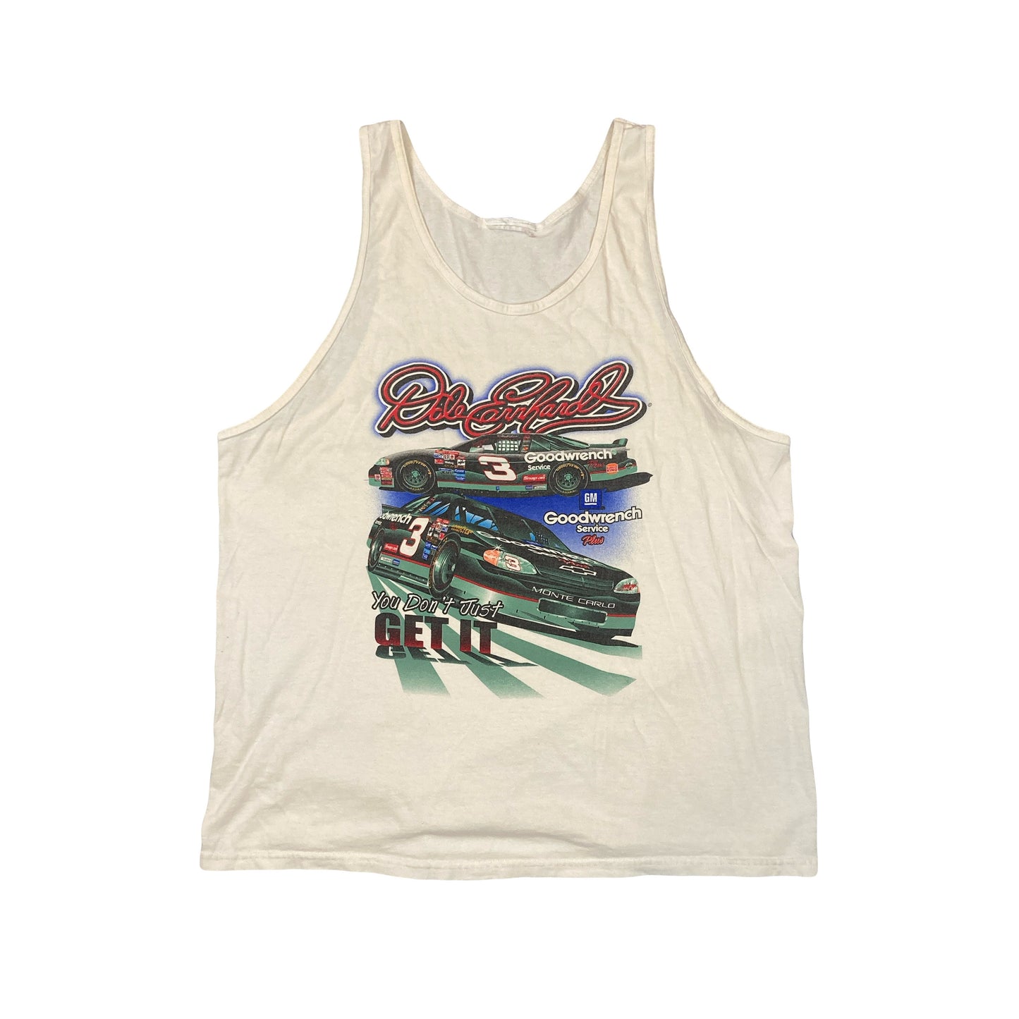 Vintage 90s white NASCAR Dale Earnhardt Chevy Goodwrench gymnasium vest muscle souvenir t-shirt size