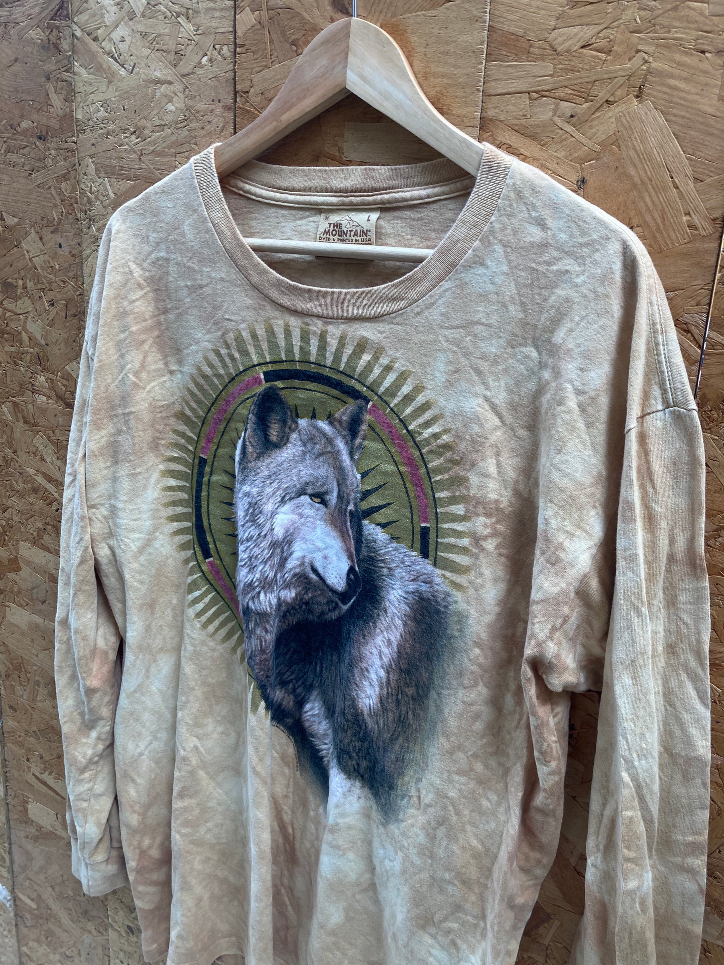 Vintage 90s The Mountain beige tie dye wolf sundial long sleeve t-shirt size L