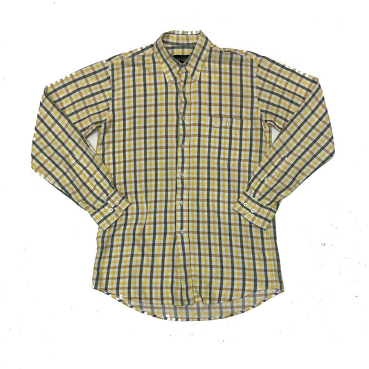 Vintage 90s Dunhill mustard yellow green white flannel check brushed cotton shirt size small