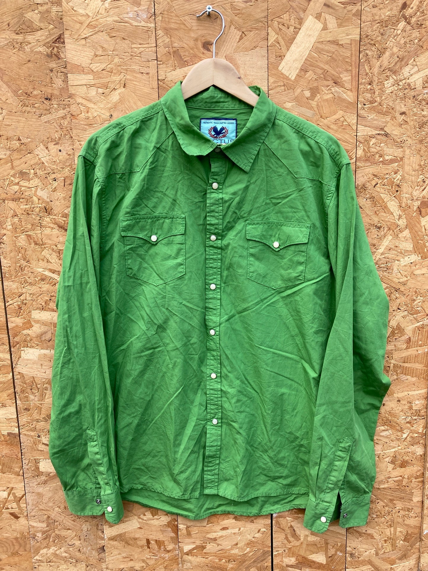 Vintage 90s cactus green cotton cowboy snap button twin pocket long sleeve western shirt size XL