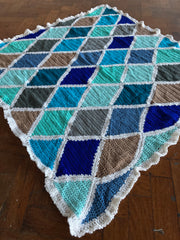 Handmade Crochet Baby Blanket Diamond Pattern Blue Green