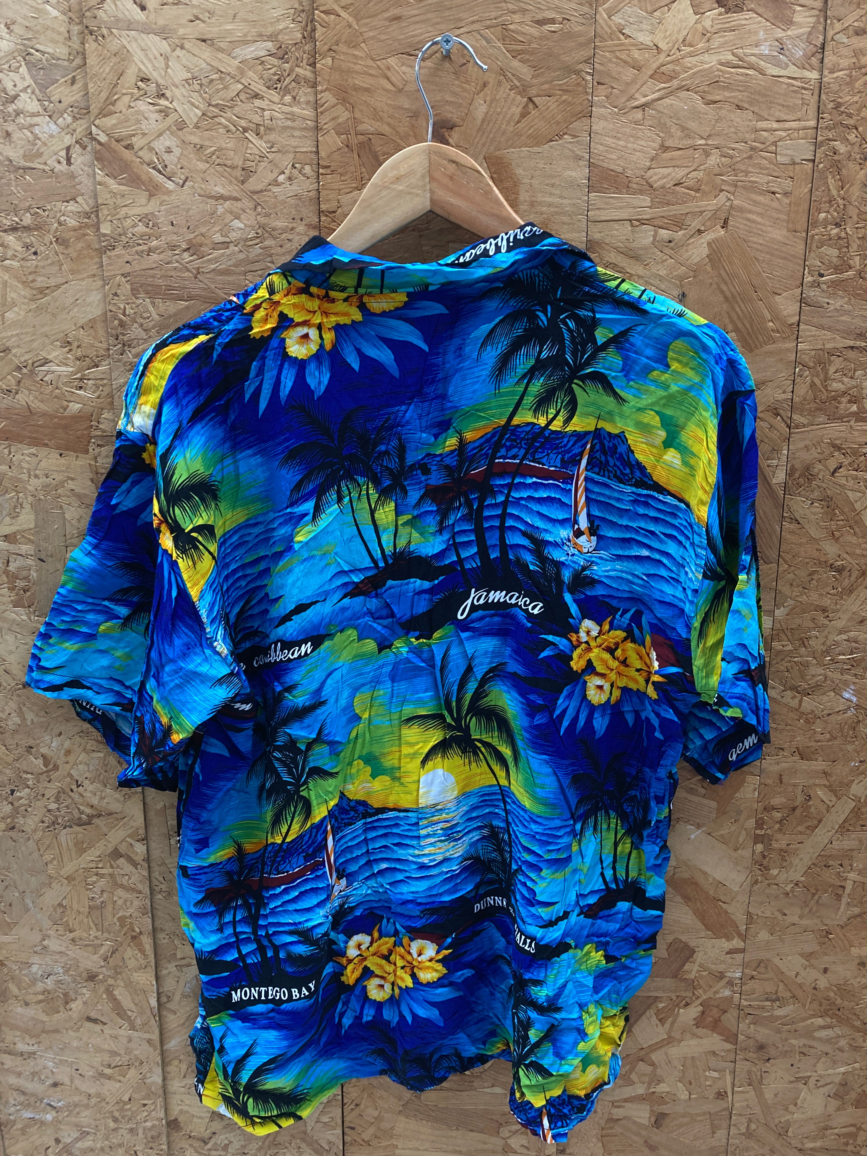 Vintage 90s rayon blue yellow palm tree Jamaica Hawaiian shirt size large