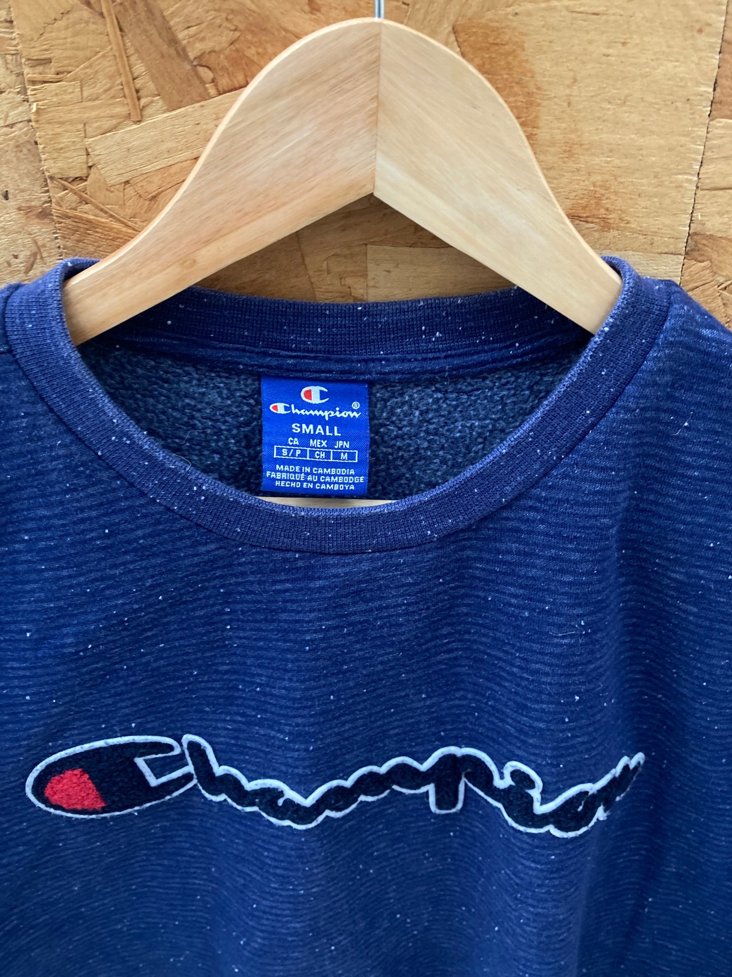 Vintage Y2K blue striped Champion embroidered spellout sweater size small