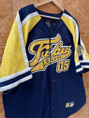 Vintage Y2K Fubu league 05 navy blue yellow spell out RIP Karl embroidered baseball jersey size XXL
