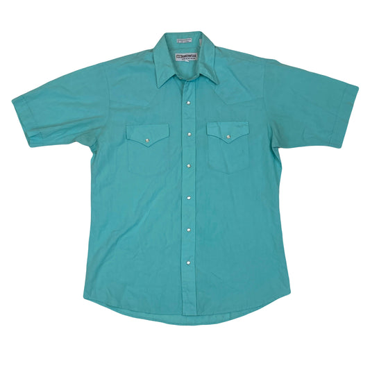 Vintage 80s light turquoise twin pocket cowboy western short sleeve shirt by Ranchwear size medium