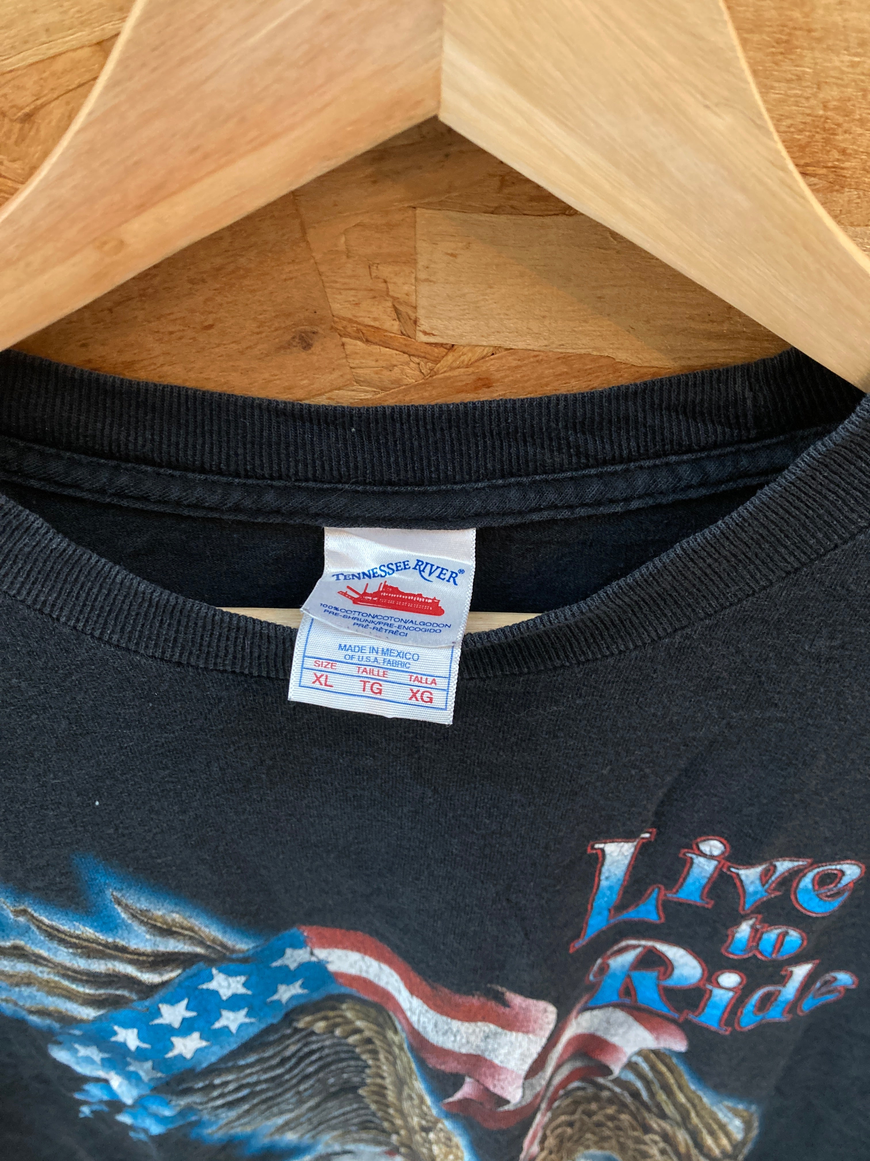 Vintage 90s Live to Ride, Ride to Live USA flag eagle biker t-shirt size XL