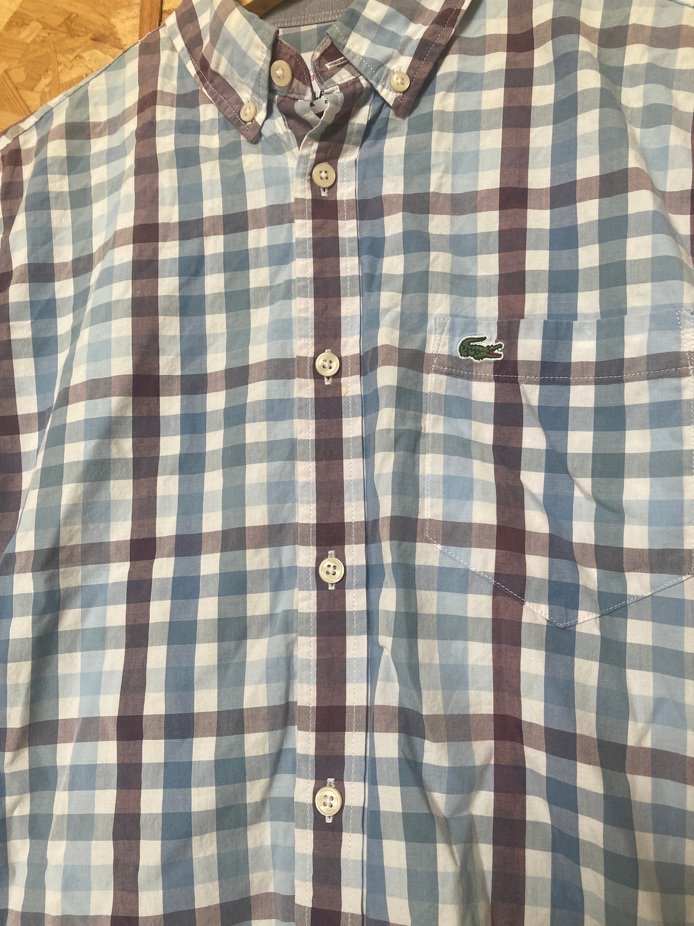Vintage Y2K Lacoste blue white burgundy check short sleeve Mod skinhead retro punk shirt size small