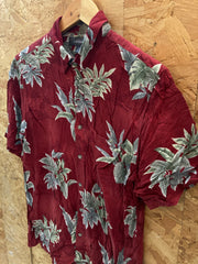 Vintage Y2K rayon burgundy grey floral pattern Hawaiian shirt size medium