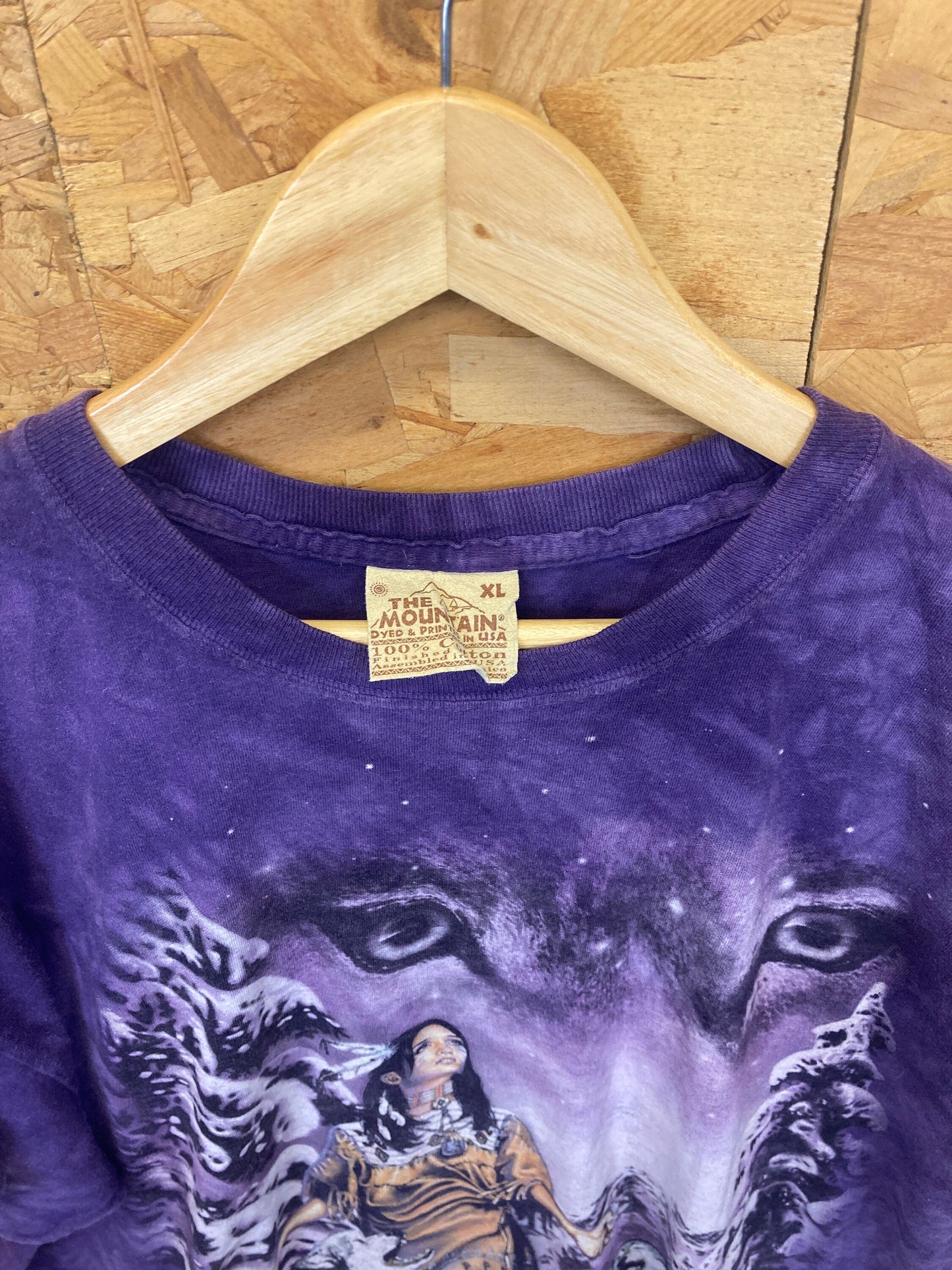 Vintage 90s The Mountain USA purple tie dye Native American Mystic Snow Wolf & Woman T-shirt size XL