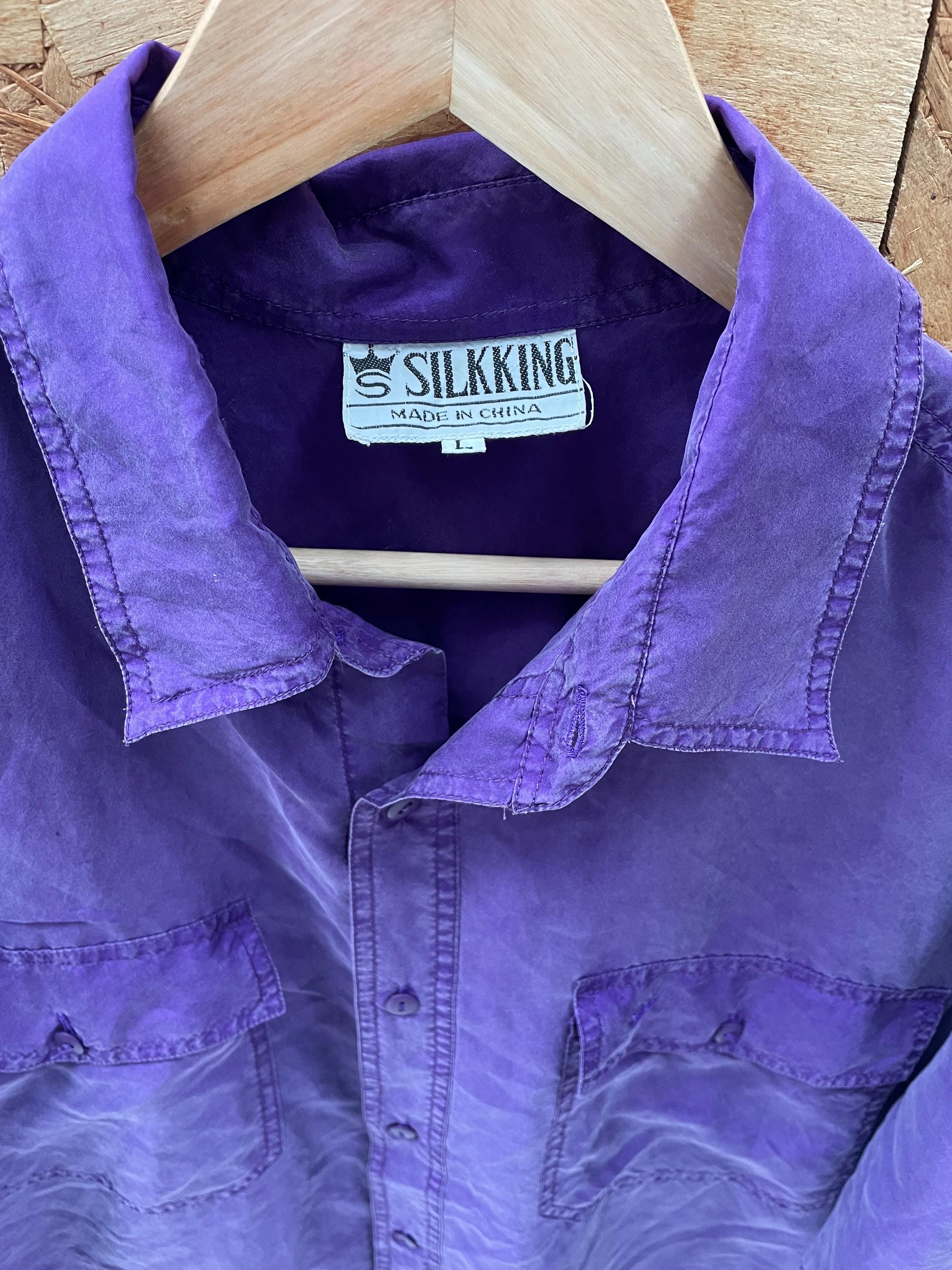 Vintage 90s purple pure silk twin pocket short sleeve oversized mens shirt size large by SilkKing